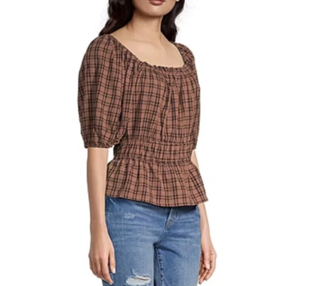 A.N.A. Size M Petite Brown Plaid Puff-Sleeve Smocked Square Neck Peplum Top